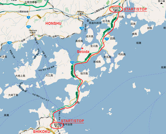MAP of bike trip along Japanese Setonaike Cycle Way 