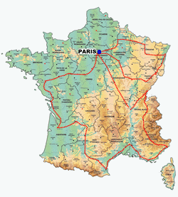 Biking round France with bikes and trailers, route map