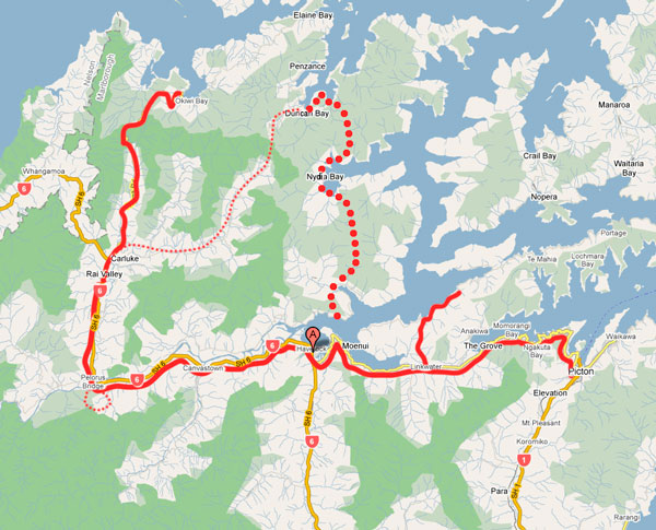 Biking route map round Marlborough Sounds 