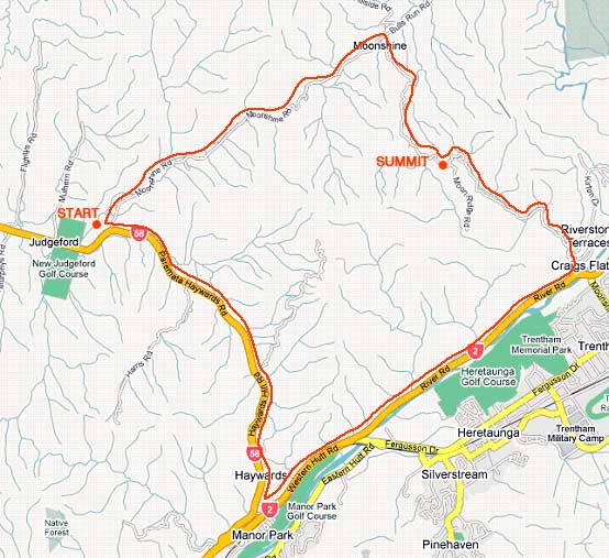 bike trips round Lower Hutt, Haywards Hill- Moonshine Road, route map